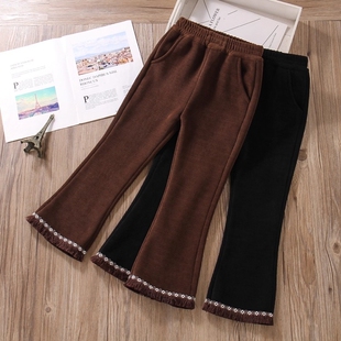 女童加绒裤子加厚绒长裤秋冬款外穿喇叭裤儿童冬装休闲裤红色黑色