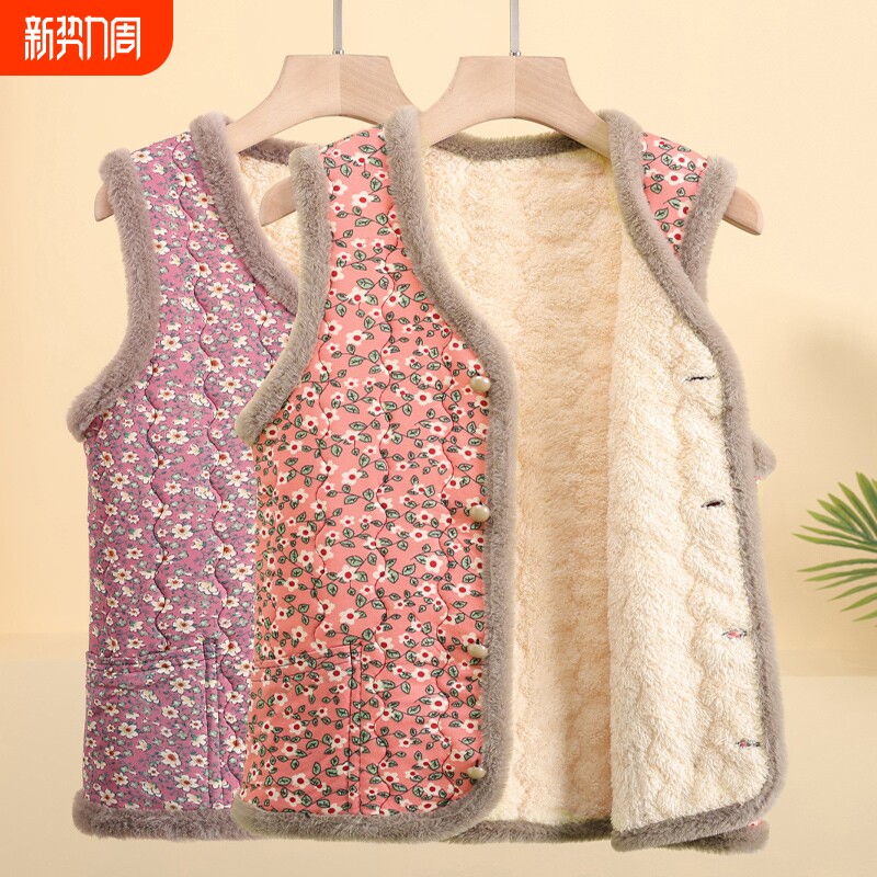 妈妈加绒加厚马甲外套秋冬装中年棉衣中老年背心棉服红色开衫洋气