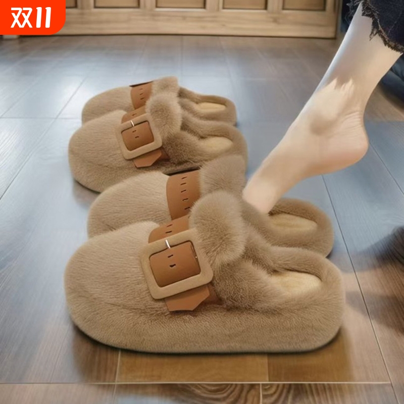 包头毛毛拖鞋女外穿2025年新款秋冬季松糕厚底软底防滑高级感棉拖