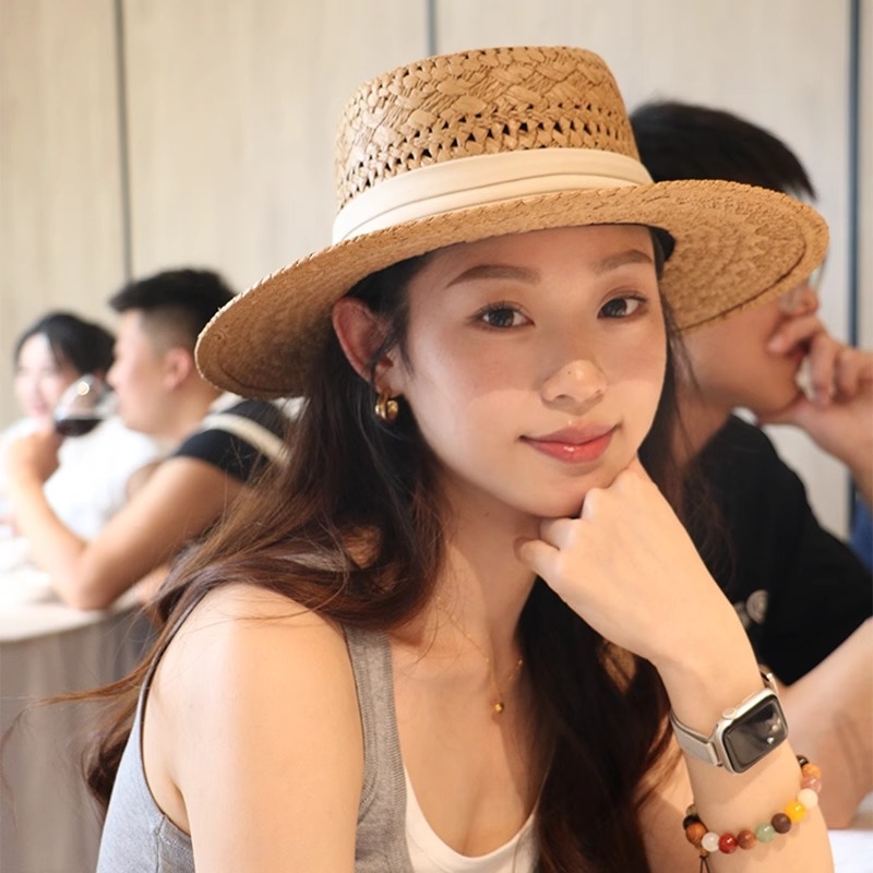 法式老钱风镂空平顶草帽女夏季假风时尚百搭大帽檐防晒遮阳帽礼帽
