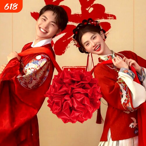 新婚结婚绣球大红花绸缎婚车丝绸布表彰剪彩交车红绣球布置年货