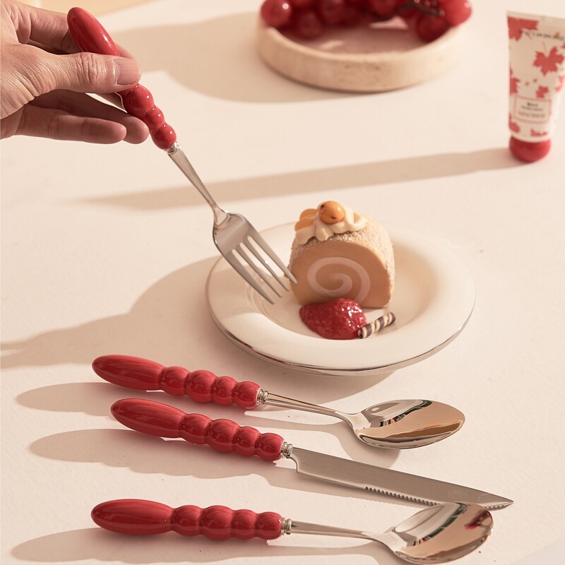 创意陶瓷柄圆勺吃饭勺子西餐餐叉家用304不锈钢食品级叉勺套装