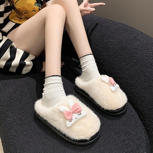 减龄卡通兔叽毛绒拖鞋女宿舍百搭保暖棉拖鞋厚软底踩屎感毛毛拖鞋