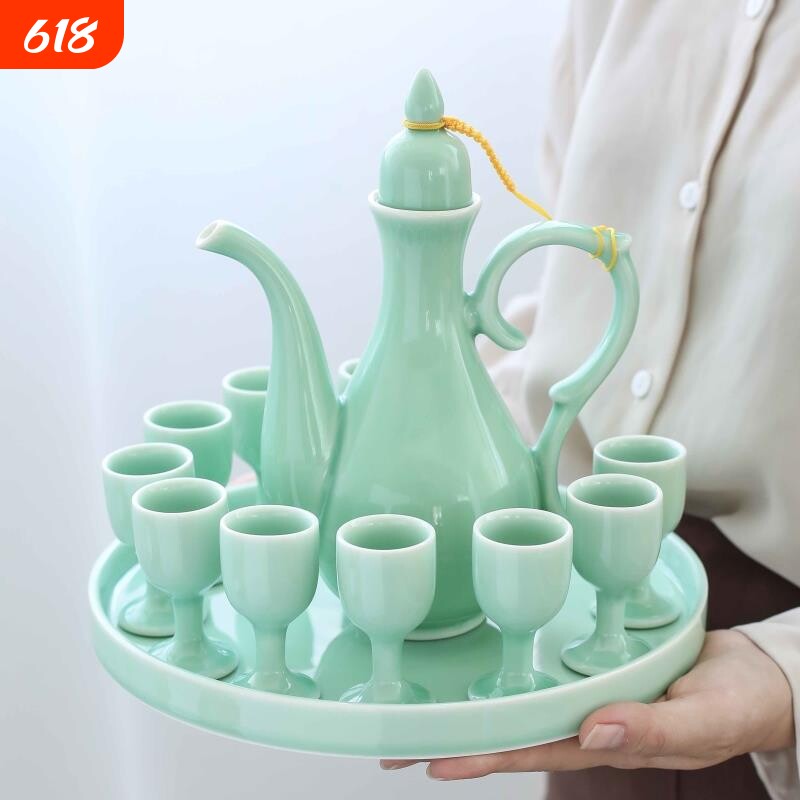 中式酒具陶瓷酒壶敬酒杯宫廷高脚杯青瓷家用白酒盅彷古结婚分酒器