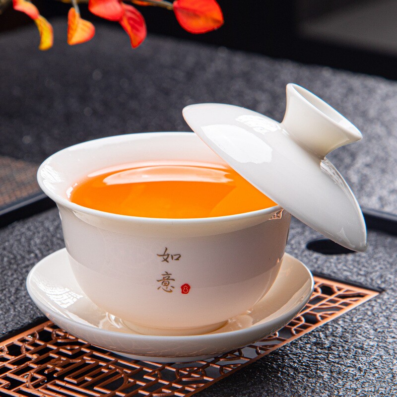 羊脂玉白瓷悬停三才盖碗茶杯单个家用描金泡茶碗功夫茶具大号