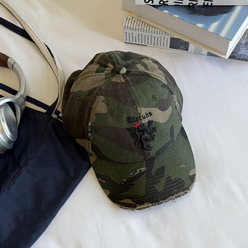 美式复古迷彩棒球帽男街头嘻哈帽子潮牌图腾刺绣字母破洞鸭舌帽女