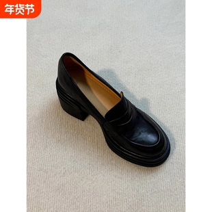 版~厚底乐福鞋女羊皮增高一脚蹬真皮小皮鞋高跟黑色棕色鞋子圆头