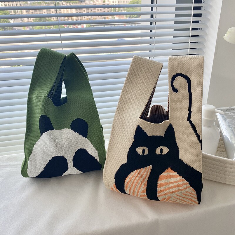 日韩撞色手工猫咪编织包托特购物袋造型手提小包通勤百搭卡通绿色