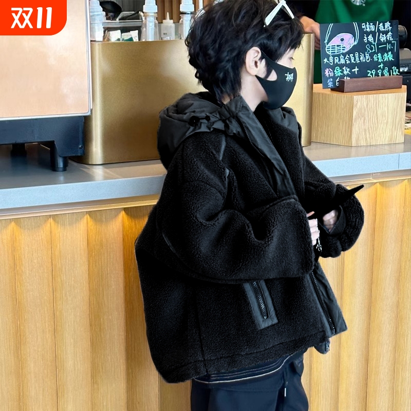 男童冬装加绒外套2025新款中大儿童秋冬款夹棉加厚羊羔绒毛毛衣潮