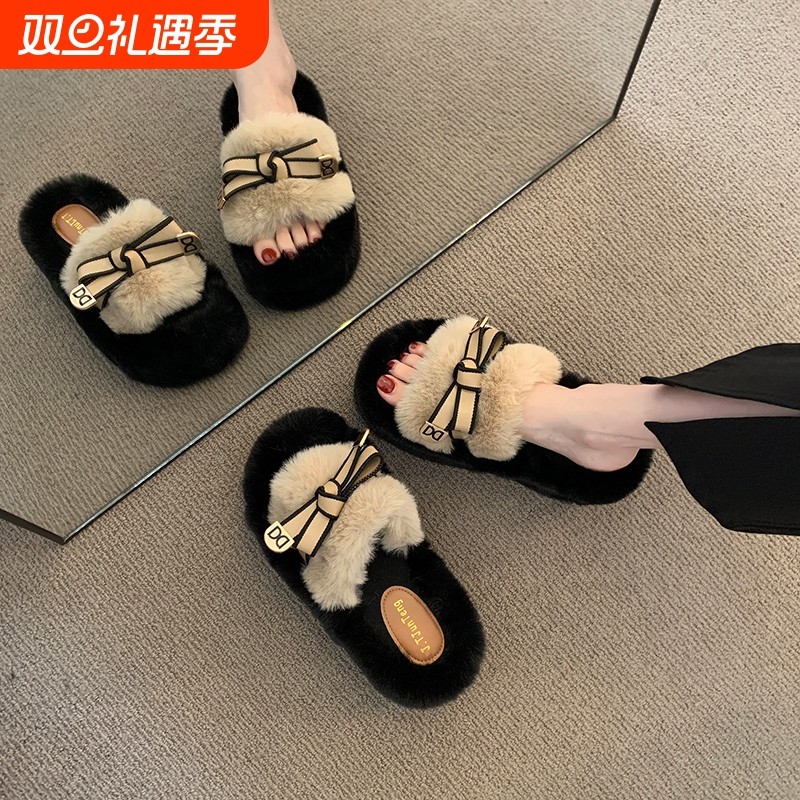 增高7cm毛毛棉拖鞋女2025秋冬新款蝴蝶结网红居家外穿高跟鞋子