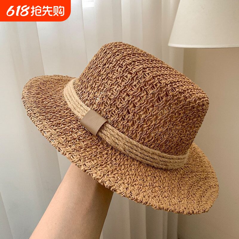 老钱风镂空编织平顶草帽女夏法式沙滩度假礼帽户外遮阳防晒帽旅行