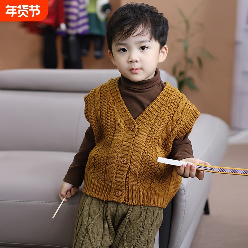 男童复古针织马甲外套秋冬新款中大儿童外搭V领上衣无袖背心开衫,童装/婴儿装/亲子装,毛衣/针织衫,淘宝优惠券,粉丝福利购,淘宝优惠卷
