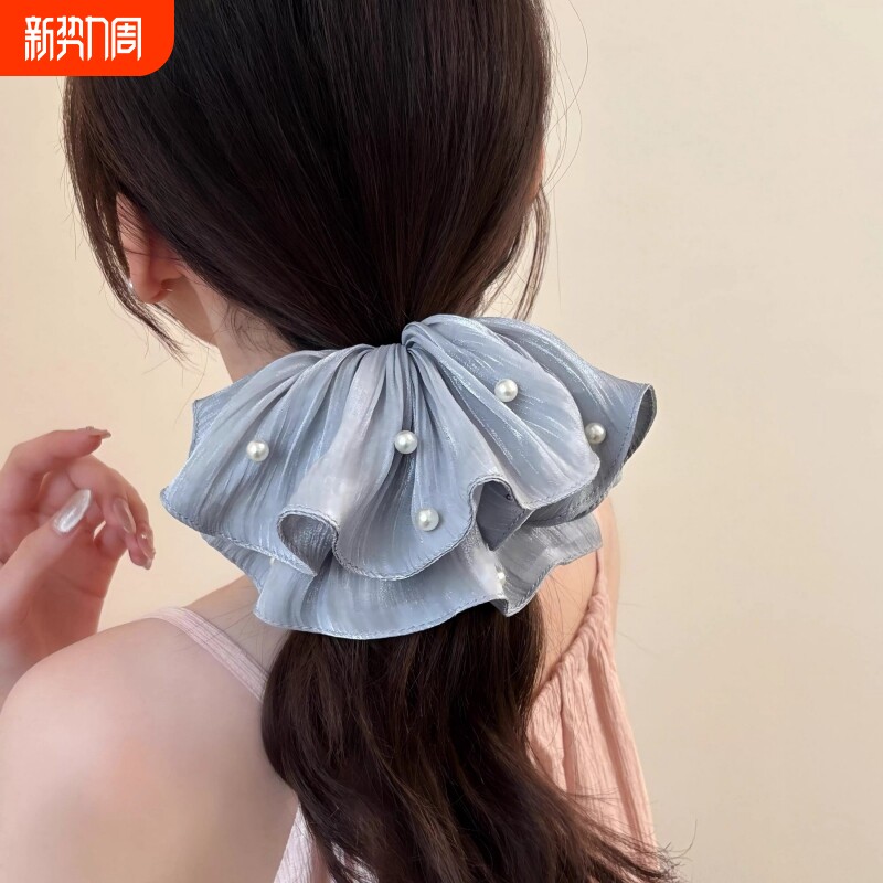 2026春夏新款发圈流光褶皱珍珠大肠高端大号发饰女蓝色白色黑色