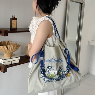 日系ball 刺绣购物袋环保茶杯猫单肩斜挎帆布 chain包包高圆圆同款