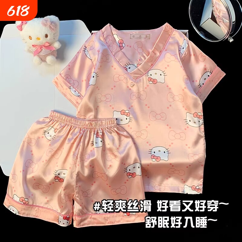 冰丝亲子中大童儿童夏季短袖短裤女孩薄款女童睡衣甜美家居服套装