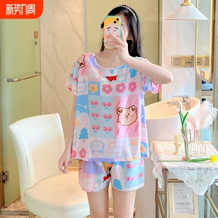 两件套人造棉学生家居服女士绵绸夏款 新款 棉绸睡衣女夏季 红豆短袖