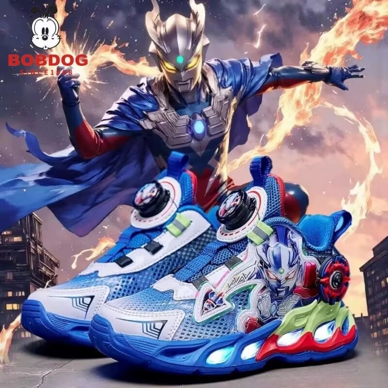 巴布豆真皮赛罗奥特男童曼鞋春秋新款儿童透气双网旋转纽扣运动鞋