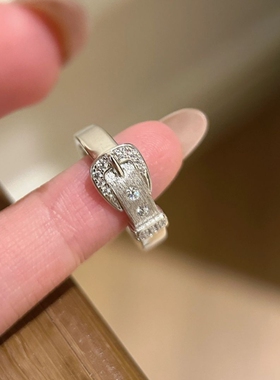 中古vintage镶钻拉丝皮带扣开口戒指女 小众食指环时尚轻奢高级感
