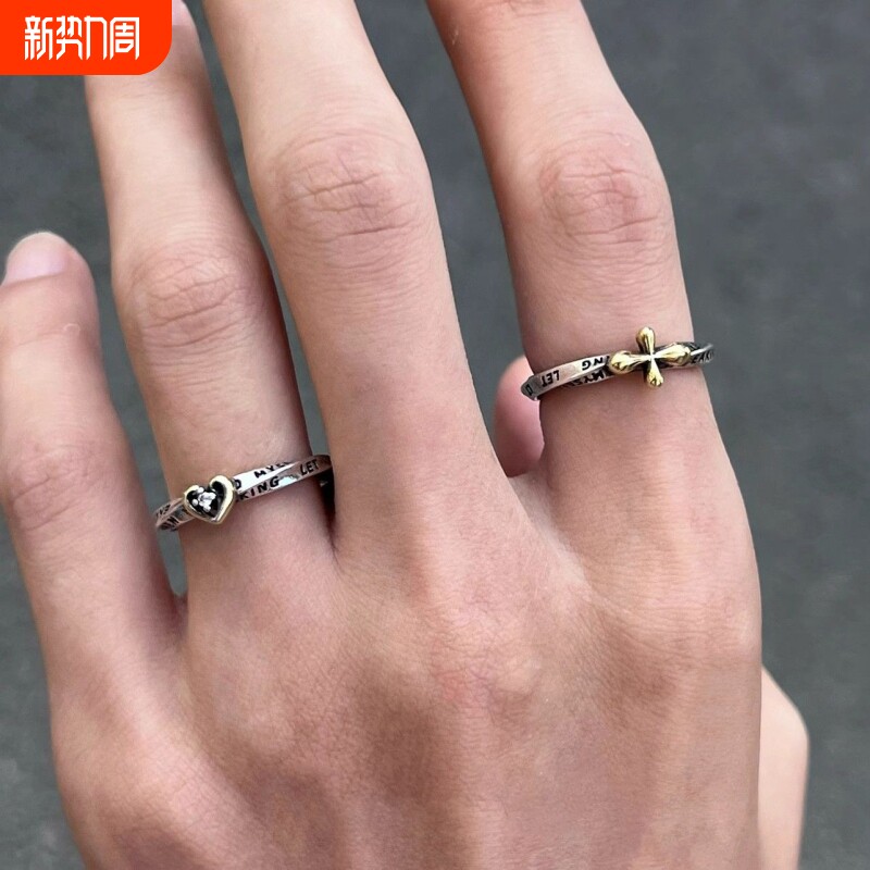 开口十字架军花浮雕戒指女复古时尚简约韩版指环嘻哈食指戒