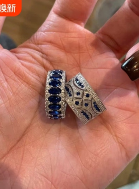 蓝色闪钻椭圆排钻戒指女新款叠戴中古风vintage素圈镂空宽版指环