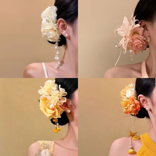 古风手作黄花蝴蝶流苏侧边发夹