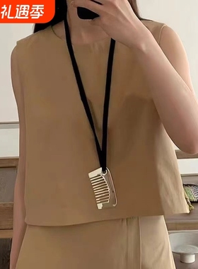 爆款个性时尚银色字母梳子造型黑绳可调节项链毛衣链颈链加长版