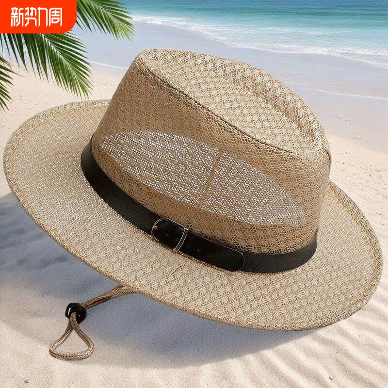 男士夏季帽子礼帽旅游防晒透气大沿帽春夏天草帽防风遮阳帽海边