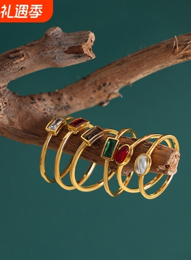 韩版东大门小众设计细圈个性钛钢镀金指环镶嵌多彩晶石戒指女饰品