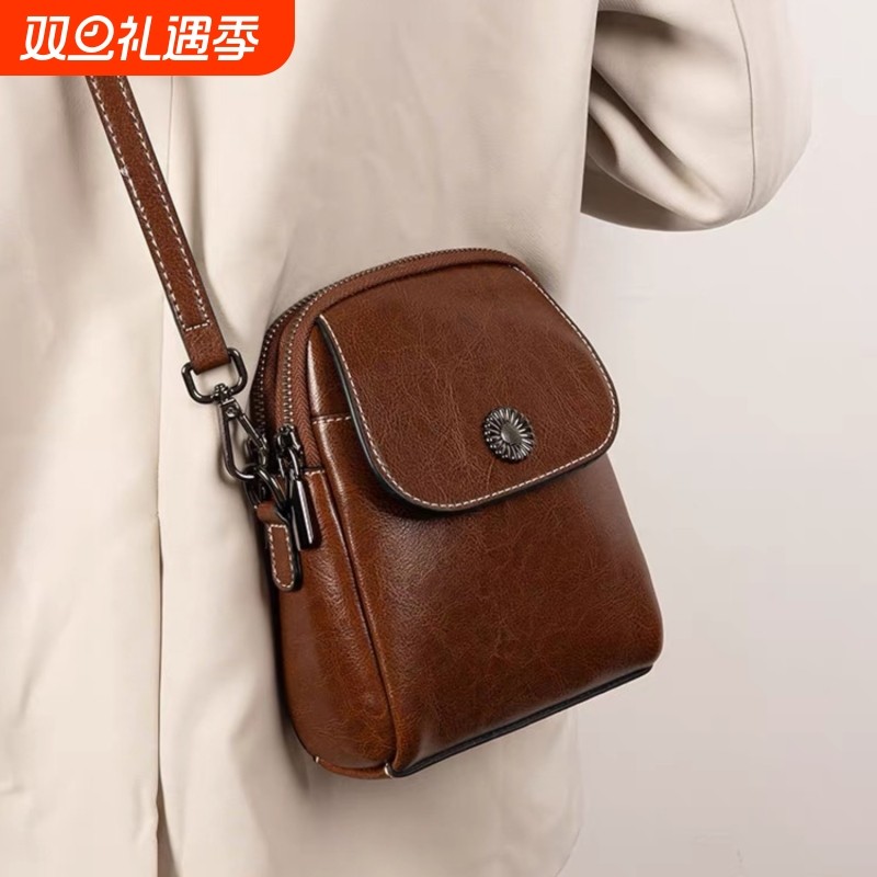 高档真皮手机包女2025新款时尚女包包竖款多层斜挎小包爆款单肩包