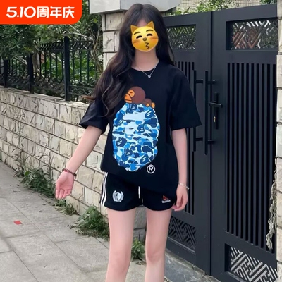 ape短袖t恤夏季男女学生潮牌纯棉猿人迷彩SHARK BAPE中大童亲子装