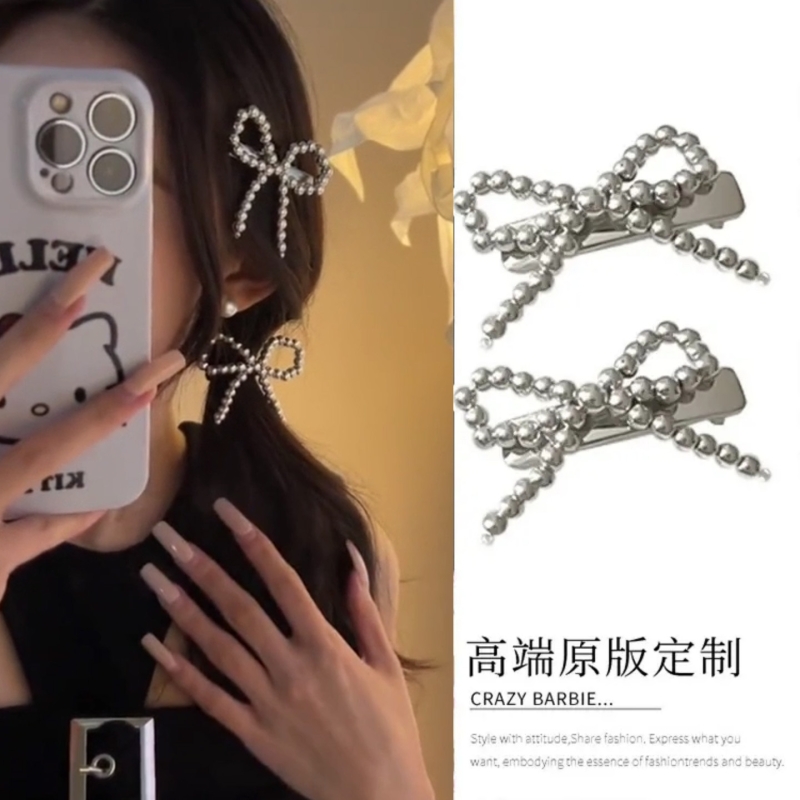 银色珍珠蝴蝶结发夹女