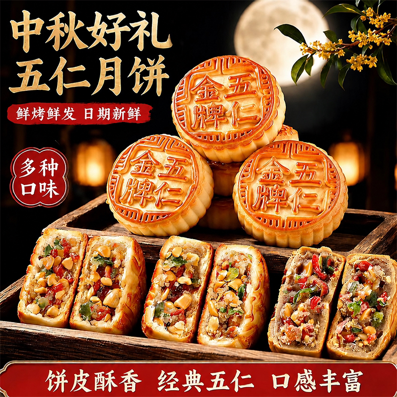 五仁月饼礼盒广式月饼老式五仁饼传统手工旗舰店经典糕点散装中秋