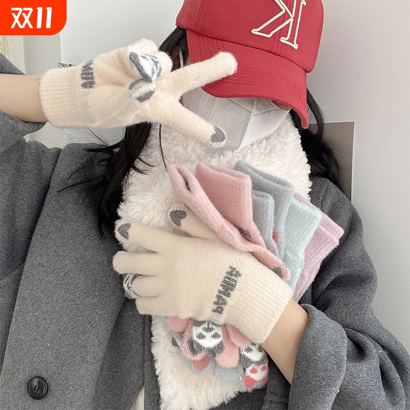 冬天毛线手套女冬季可爱可触屏加绒加厚保暖骑行车五指防寒棉手套