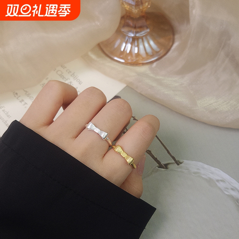s925纯银蝴蝶结喷砂戒指少女韩版百搭学生夏季指环在逃公主款黄金