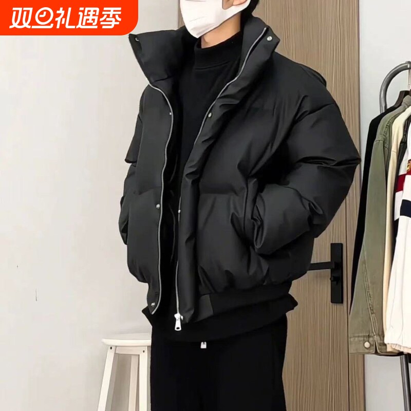 户外pu皮羽绒服男士冬季美式高街潮牌痞帅棉服短款立领宽松面包服