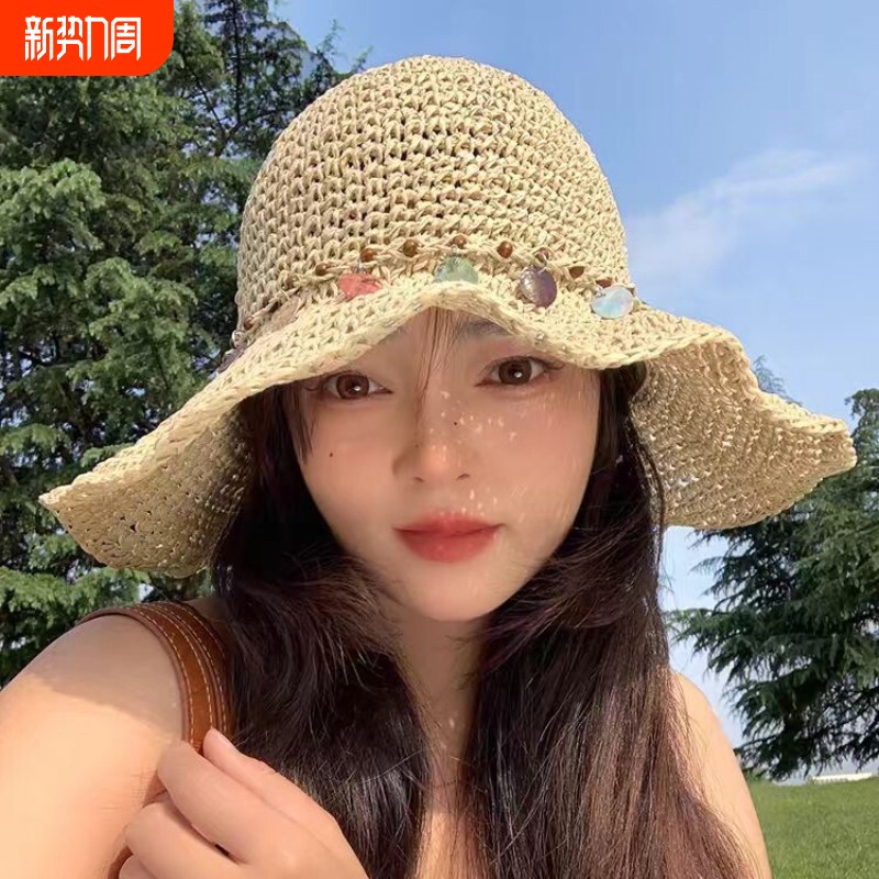 民族风编织镂空渔夫帽子女夏季大帽檐遮阳帽海边沙滩度假防晒草帽