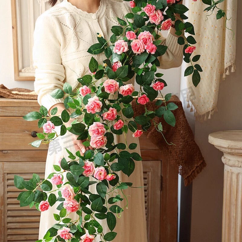 仿真玫瑰花藤蔓客厅室内阳台空调管道庭院装饰假花藤条墙壁挂绿植图片