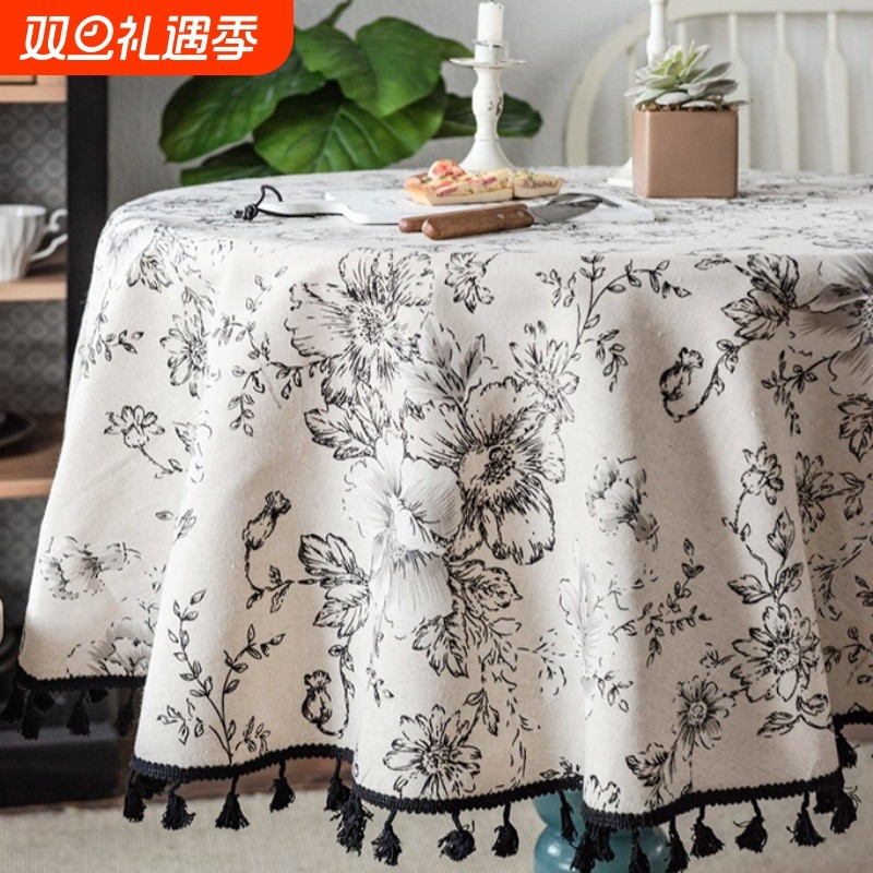 美式碎花高级感法式棉麻流苏餐桌布ins小圆桌茶几文艺台布家用