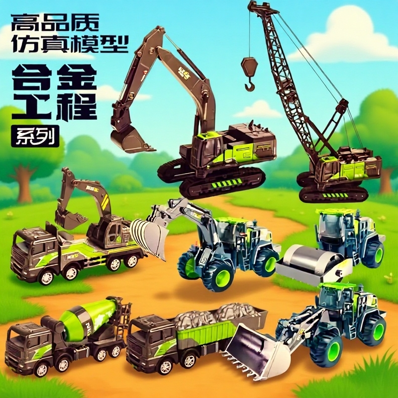 合金工程车挖掘机吊车搅拌车男孩惯性滑行儿童玩具车仿真模型代发