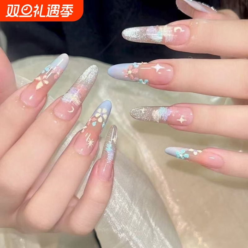 2025新款油画猫眼手工穿戴甲莫奈花园纯欲显白中长款美甲贴片蝴蝶