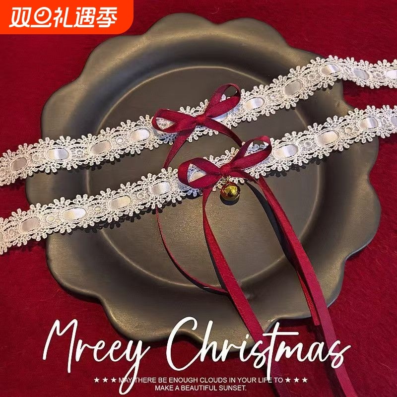 Lolita白蕾丝蝴蝶结项圈锁骨链年会新年表演配饰铃铛圣诞甜酷新