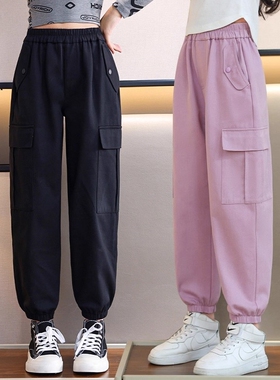 女童裤子春夏薄款2026年新款运动裤长裤夏装女大童工装裤黑色休闲