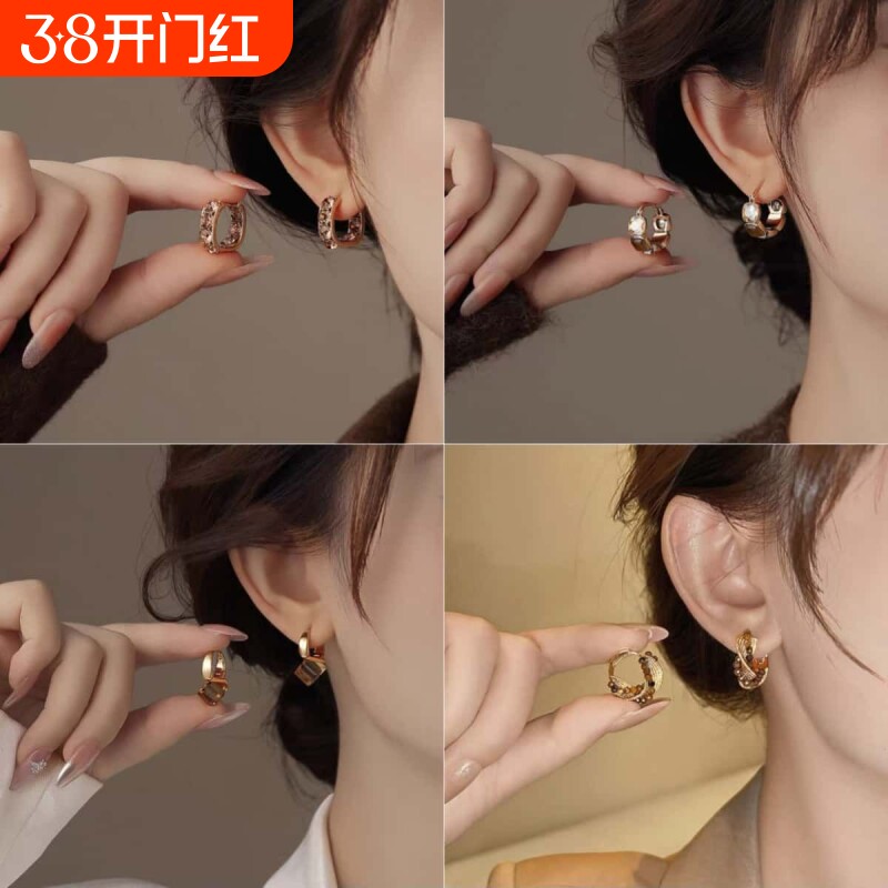 轻奢高级感咖色满钻方形耳扣女复古港风耳环时尚气质百搭超闪耳饰