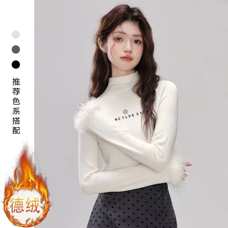 保暖德绒半高领辣妹女毛毛袖内搭