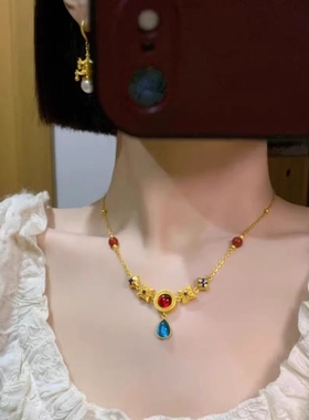 花丝宫廷复古项链女金色国风锁骨链毛衣链时尚百搭设计高级感颈链