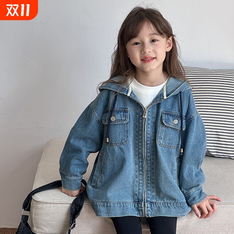 女童新款连帽牛仔衣童装春秋季中大童韩版洋气儿童休闲外套潮水洗