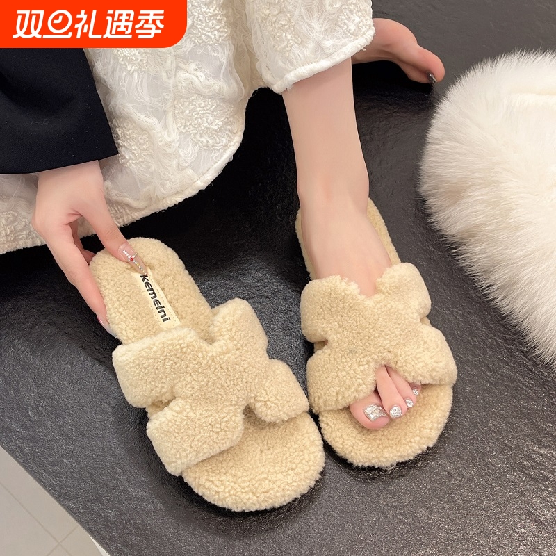 法式名媛风毛毛鞋女2025年H型拖鞋秋冬季外穿软底一脚蹬棉拖外贸