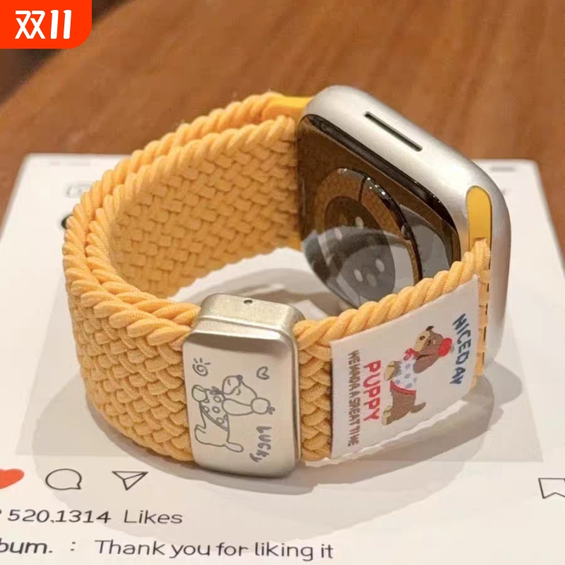 【刺绣腊肠狗】适于applewatchS11尼龙表带iWatch10/9/8/7/6磁吸