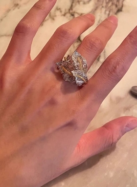 三叠叶戒指女小众设计轻奢高级感满钻手工雕刻时尚百搭高颜值指环