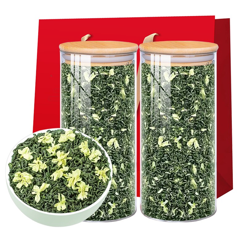 茉莉飘雪绿茶浓香型茉莉花茶130gX2礼罐